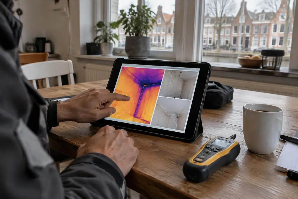 Lekdetectie Oss – lekdetectierapport met warmtebeelden en foto's op een tablet