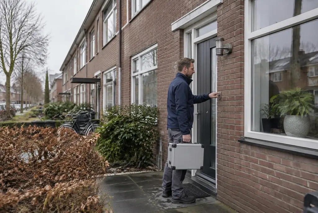 Lekdetectiespecialist met meetkoffer bij de voordeur van een woning in Oss
